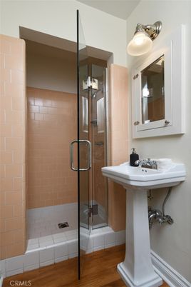 Bathroom, Glass Shower, Interior, Wood Texture Flooring
