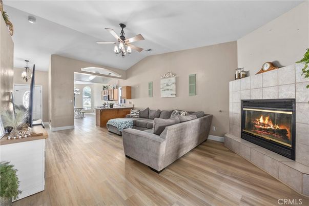 Fireplace, Interior, Living room, Pendant Lights, Wood Texture Flooring