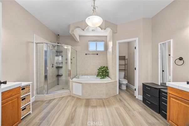 Bathroom, Glass Shower, Interior, Pendant Lights, Wood Texture Flooring