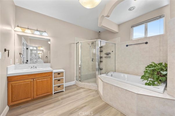 Bathroom, Glass Shower, Interior, Recessed Lighting, Wood Texture Flooring
