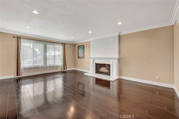Empty room, Fireplace, Interior, Recessed Lighting, Wood Texture Flooring