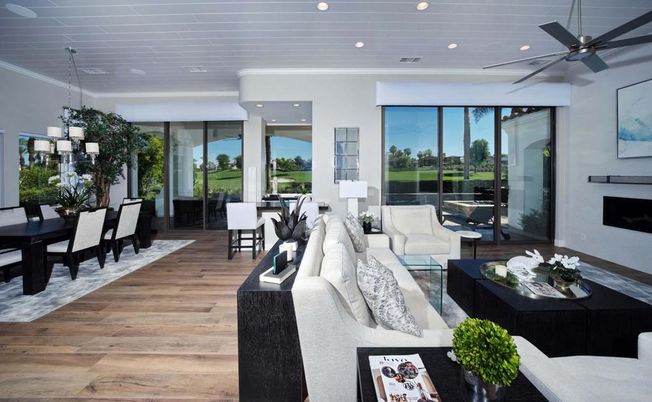Dining room, Fireplace, Interior, Living room, Pendant Lights, Recessed Lighting, Wood Texture Flooring