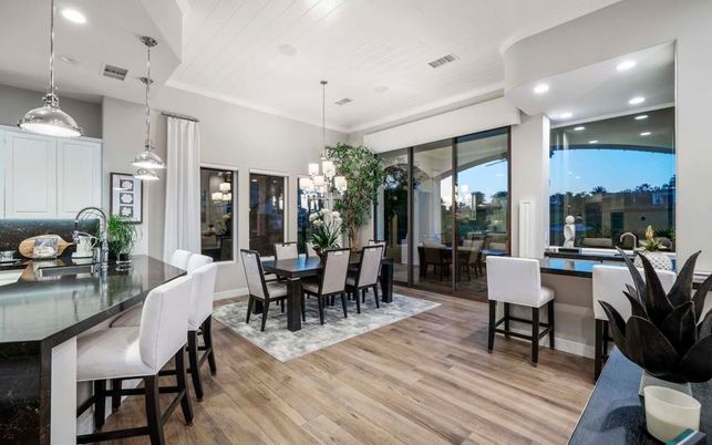 Chandelier, Dining room, Interior, Kitchen, Pendant Lights, Recessed Lighting, Wood Texture Flooring