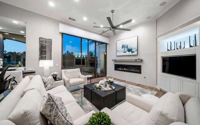 Fireplace, Interior, Living room, Recessed Lighting, Wood Texture Flooring