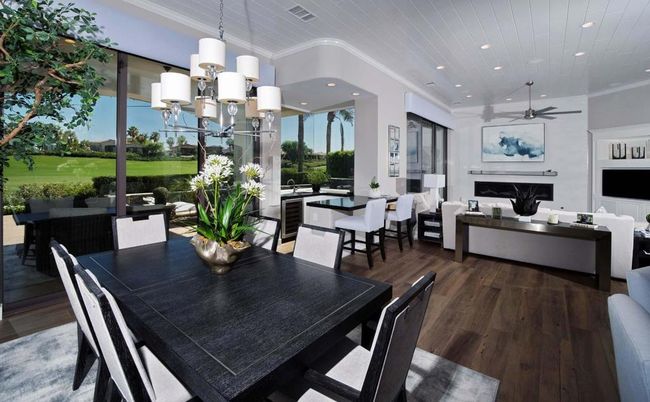 Dining room, Fireplace, Interior, Living room, Pendant Lights, Recessed Lighting, Wood Texture Flooring