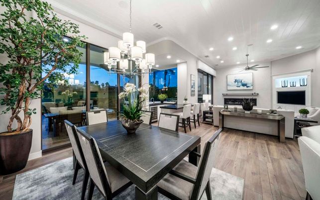 Chandelier, Dining room, Fireplace, Interior, Living room, Pendant Lights, Recessed Lighting, Wood Texture Flooring