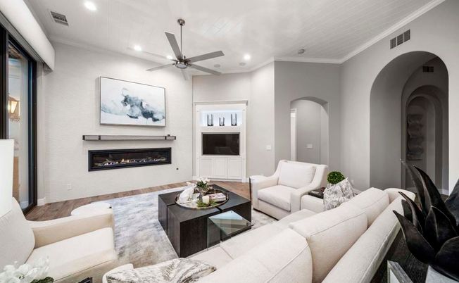 Fireplace, Interior, Living room, Recessed Lighting, Wood Texture Flooring