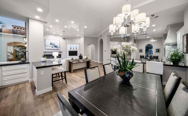 Chandelier, Dining room, Interior, Living room, Pendant Lights, Recessed Lighting, Wood Texture Flooring