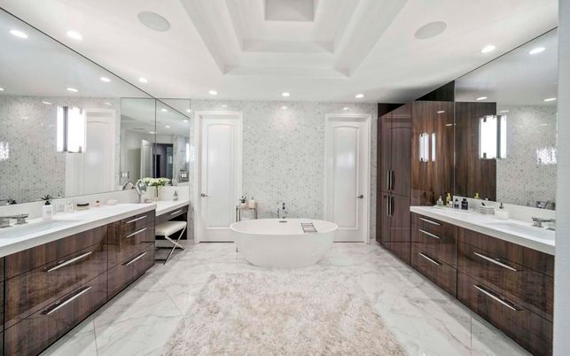 Bathroom, Dual Sink Vanities, Free Standing Baths, Interior, Marble, Recessed Lighting