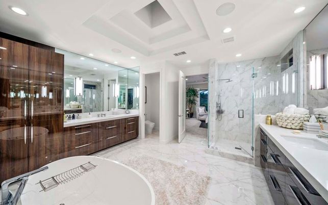 Bathroom, Dual Sink Vanities, Free Standing Baths, Glass Shower, Interior, Marble, Marble Walls, Recessed Lighting