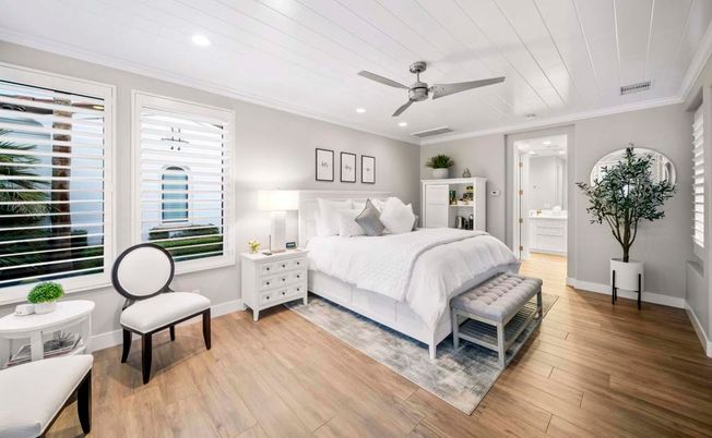 Bedroom, Interior, Recessed Lighting, Wood Texture Flooring