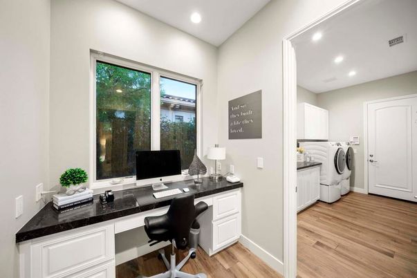 Home Office, Interior, Recessed Lighting, Washer, Wood Texture Flooring