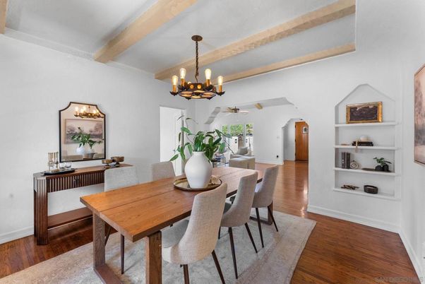 Chandelier, Dining room, Interior, Wooden Beams, Wood Texture Flooring