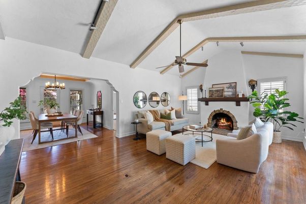 Chandelier, Dining room, Fireplace, Interior, Living room, Wooden Beams, Wood Texture Flooring