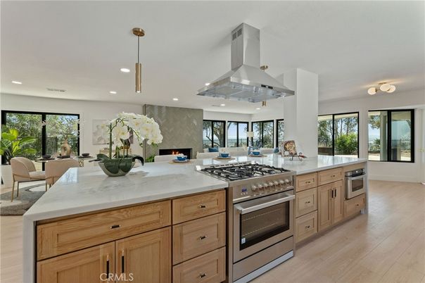 Dining room, Fireplace, Interior, Kitchen, Pendant Lights, Recessed Lighting, Stainless Steel Appliances, Wood Texture Flooring