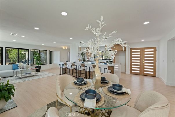 Dining room, Interior, Living room, Recessed Lighting, Wood Texture Flooring