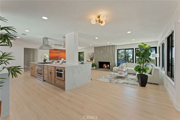 Fireplace, Interior, Kitchen, Living room, Pendant Lights, Recessed Lighting, Stainless Steel Appliances, Wood Texture Flooring