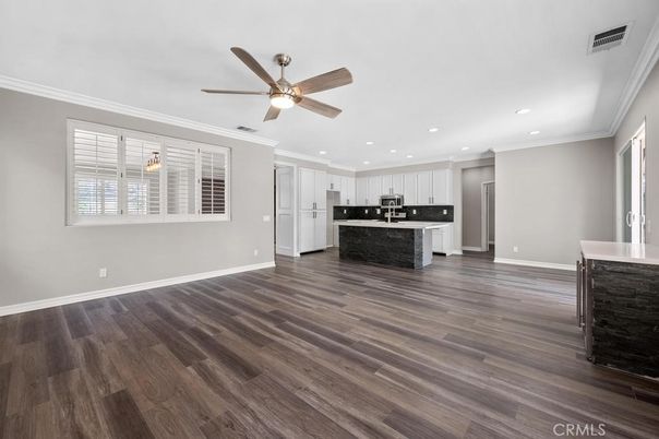 Empty room, Interior, Kitchen, Recessed Lighting, Wood Texture Flooring