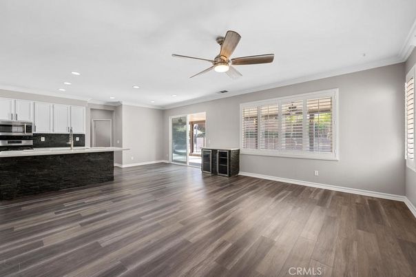 Empty room, Interior, Kitchen, Recessed Lighting, Wood Texture Flooring
