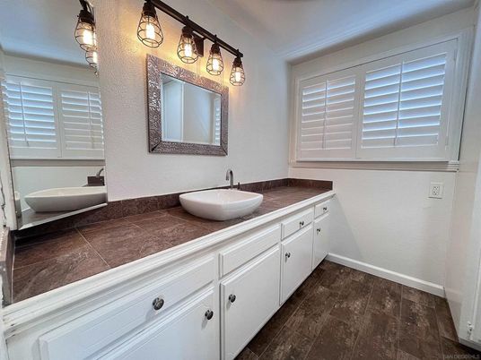 Bathroom, Dual Sink Vanities, Interior, Tile Countertops, Wood Texture Flooring
