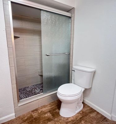 Bathroom, Glass Shower, Interior, Wood Texture Flooring
