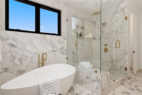 Bathroom, Free Standing Baths, Glass Shower, Interior, Marble, Marble Walls