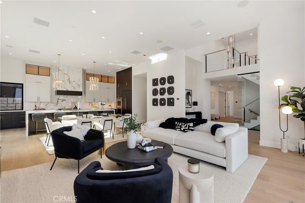 Interior, Kitchen, Living room, Marble Walls, Pendant Lights, Recessed Lighting, Wood Texture Flooring