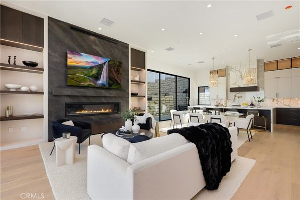 Dining room, Fireplace, Interior, Kitchen, Living room, Pendant Lights, Recessed Lighting, Wood Texture Flooring