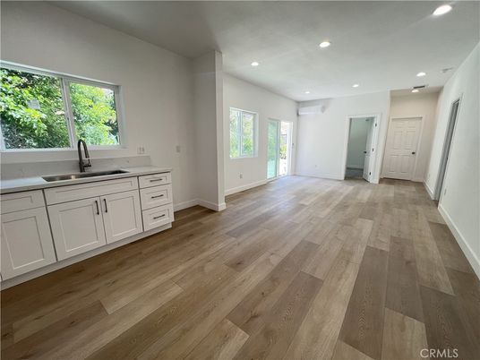 Empty room, Interior, Kitchen, Recessed Lighting, Wood Texture Flooring