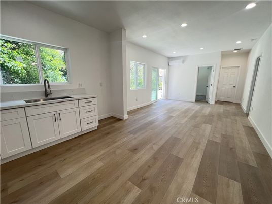 Empty room, Interior, Kitchen, Recessed Lighting, Wood Texture Flooring