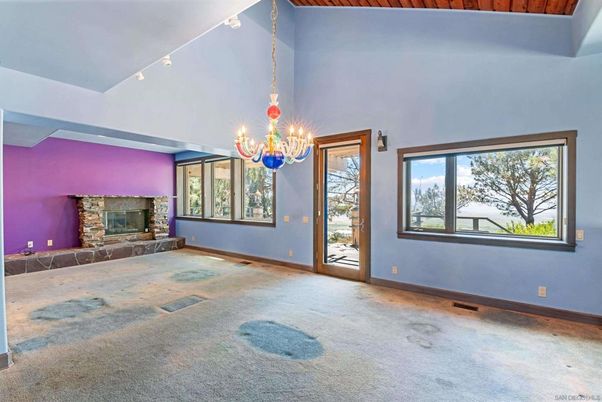 Chandelier, Empty room, Fireplace, Interior