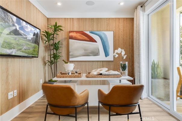 Dining room, Interior, Recessed Lighting, Wood Texture Flooring, Wooden Walls