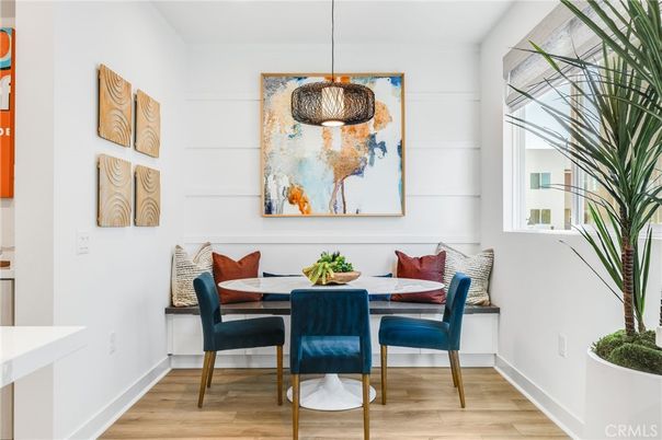 Dining room, Interior, Pendant Lights, Wood Texture Flooring