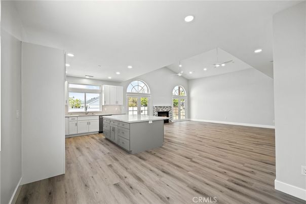 Empty room, Interior, Kitchen, Recessed Lighting, Wood Texture Flooring