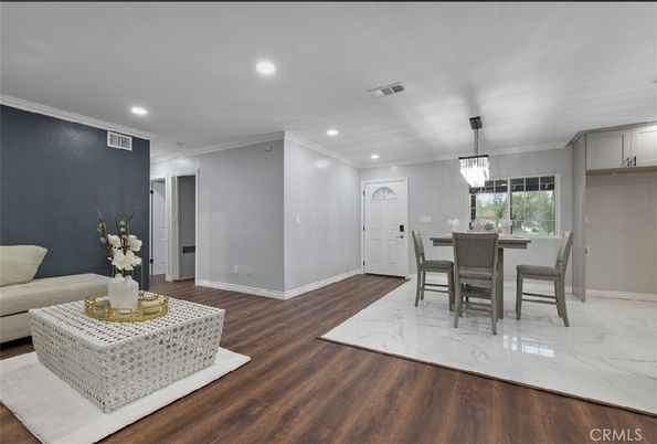 Dining room, Interior, Marble, Pendant Lights, Recessed Lighting, Wood Texture Flooring
