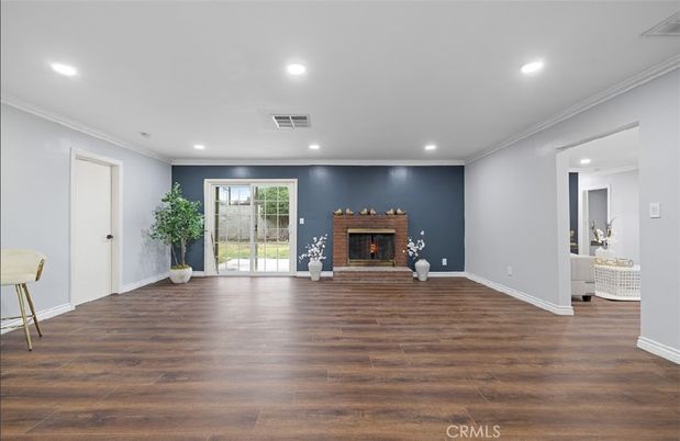 Empty room, Fireplace, Interior, Recessed Lighting, Wood Texture Flooring