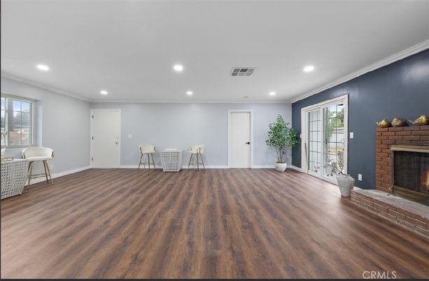 Empty room, Fireplace, Interior, Recessed Lighting, Wood Texture Flooring