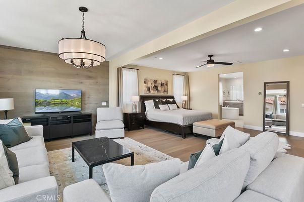Bedroom, Chandelier, Interior, Living room, Recessed Lighting, Wood Texture Flooring, Wooden Walls