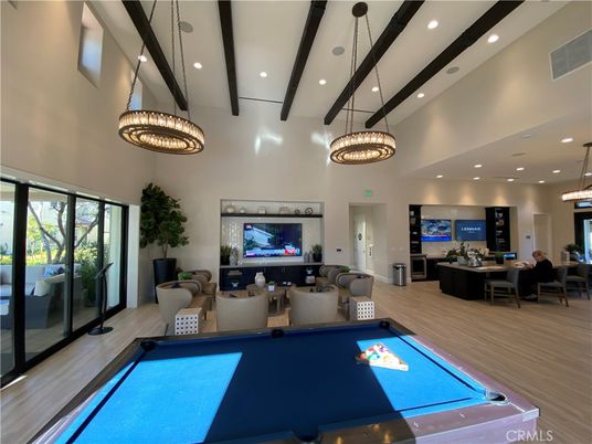 Billiard Table, Game Room, Interior, Living room, Pendant Lights, Recessed Lighting, Wood Texture Flooring