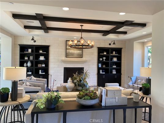 Chandelier, Fireplace, Interior, Living room, Recessed Lighting, Stone Walls
