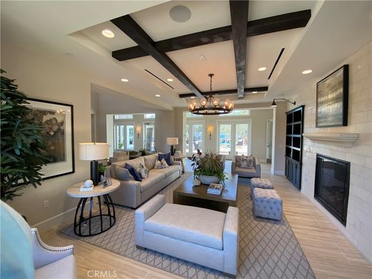 Chandelier, Fireplace, Interior, Living room, Recessed Lighting, Wooden Beams