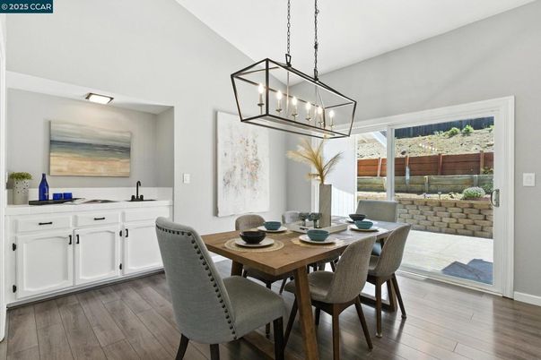 Dining room, Interior, Pendant Lights, Wood Texture Flooring