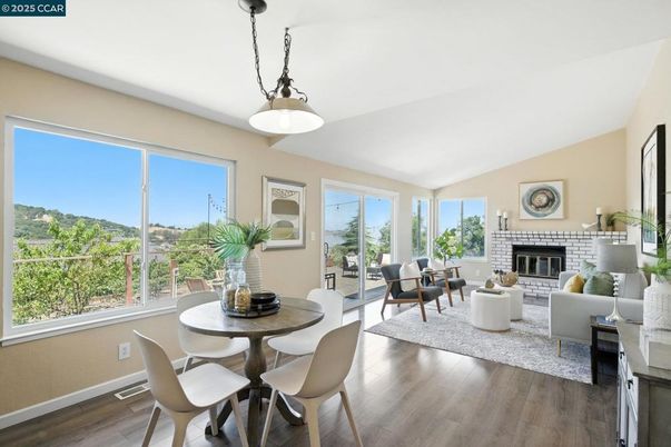 Dining room, Fireplace, Interior, Living room, Pendant Lights, Wood Texture Flooring