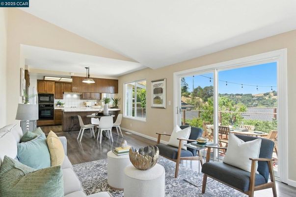 Dining room, Interior, Kitchen, Living room, Pendant Lights, Stainless Steel Appliances, Wood Texture Flooring