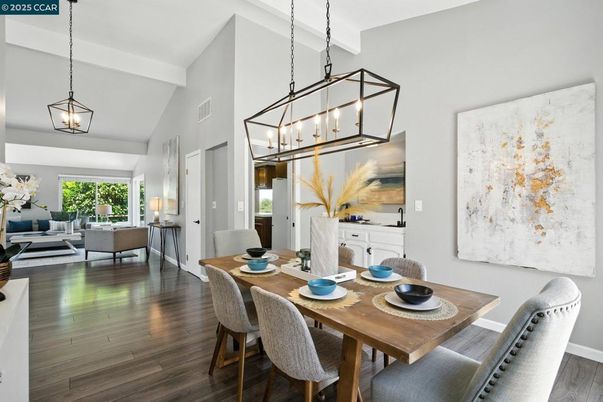 Dining room, Interior, Living room, Pendant Lights, Wood Texture Flooring