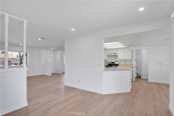 Empty room, Interior, Kitchen, Recessed Lighting, Wood Texture Flooring