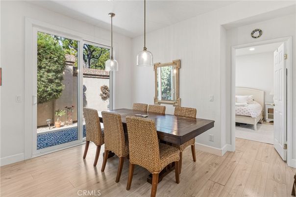 Bedroom, Dining room, Interior, Pendant Lights, Recessed Lighting, Wood Texture Flooring