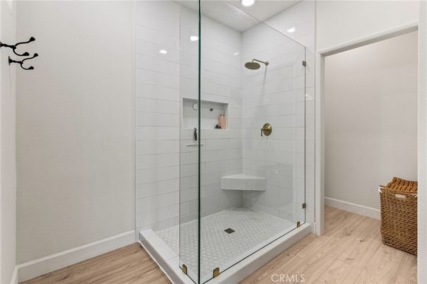Bathroom, Glass Shower, Interior, Recessed Lighting, Wood Texture Flooring
