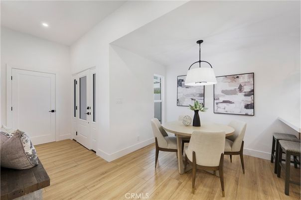 Dining room, Interior, Pendant Lights, Recessed Lighting, Wood Texture Flooring