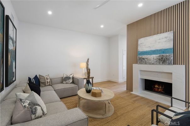 Fireplace, Interior, Living room, Recessed Lighting, Wood Texture Flooring